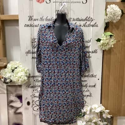  PEARL WOOD BRAND! GORGEOUS FLOWY PEAR FRUIT PATTERNED SHIRT COLLAR MIDI DRESS! Womens  Size 16 Midi Dress / Shirt Dress / Short Sleeve Dress  Navy Blue / Pattern 