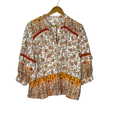 Jaase Womens  Size S Short Sleeve Top Beige / Brown / Floral / Off White 