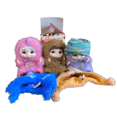 Wakuku Fuzzy Trendy Fun Party Series Plush Bundle (3 Dolls + 2 Extra Hats) 