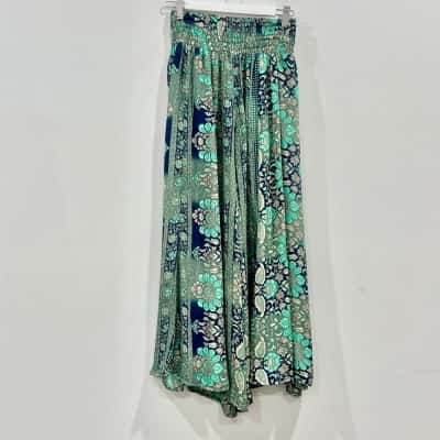 Cienna  SILK BLEND Boho  green/blue floral Wide Leg Pants Size M