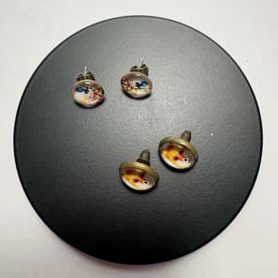 Set of 2 Enamel Animal Round Stud Earrings- Fox & Squirrel 