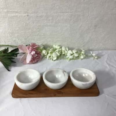 3 Small Marble Bowls on Wooden Base