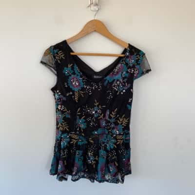 Kaleidoscope Black Floral Peplum Top  Size 36