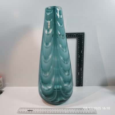 XL Blue Clear Swirl Vase Glass Blown 