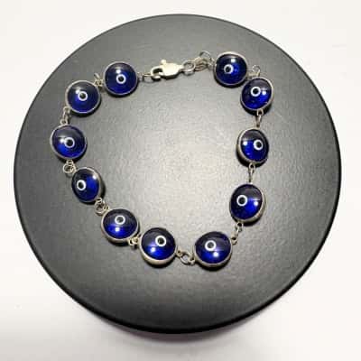  925 Sterling Silver Turkish Evil Eye Link Bracelet featuring Cobalt Blue Glass Lamp-work Bead Charms