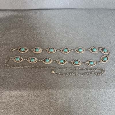  Women's Concho Chain Belt  featuring Silver Tone Metal Linked Medallions with Turquoise Coloured Stones 
