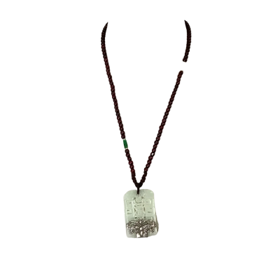  White Jade Plaque with Silver Floral Detail on Beaded Necklace Brown / White 
