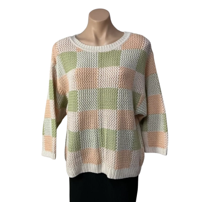 Katies Womens Size M Cream / Green / Orange Checked Open Knit Jumper