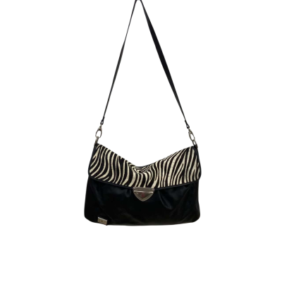  Jacky & Celine - Large Black Leather and Hair like Animal Print Handbag 45 x 30cm