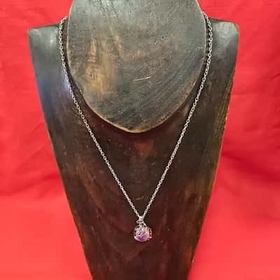  Womens iridescent glass amulet or wire wrapped style necklace on silver tone chain