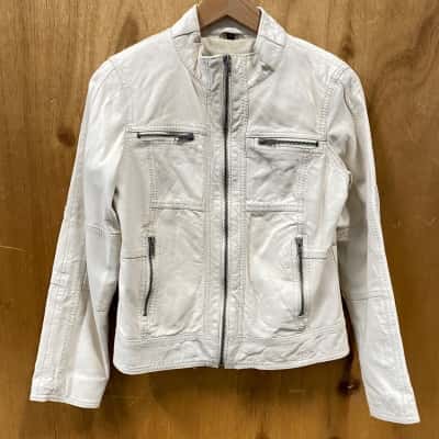 Siricco White Leather Racer Jacket Size M