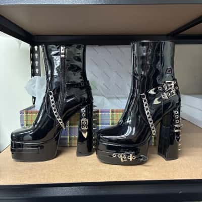 Black Friday Womens Size 37 Buckle Patent Heel Boots Black BNIB  
