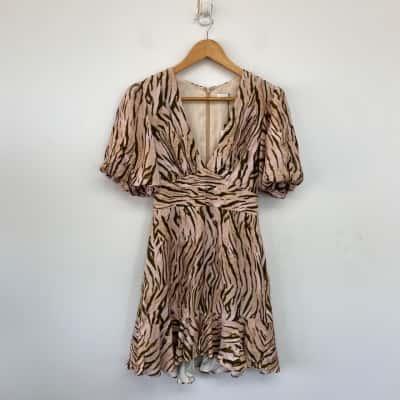 Sheike Animal Print Animal V Neck Puffed Sleeve Landslide Print Mini Dress Size 6 