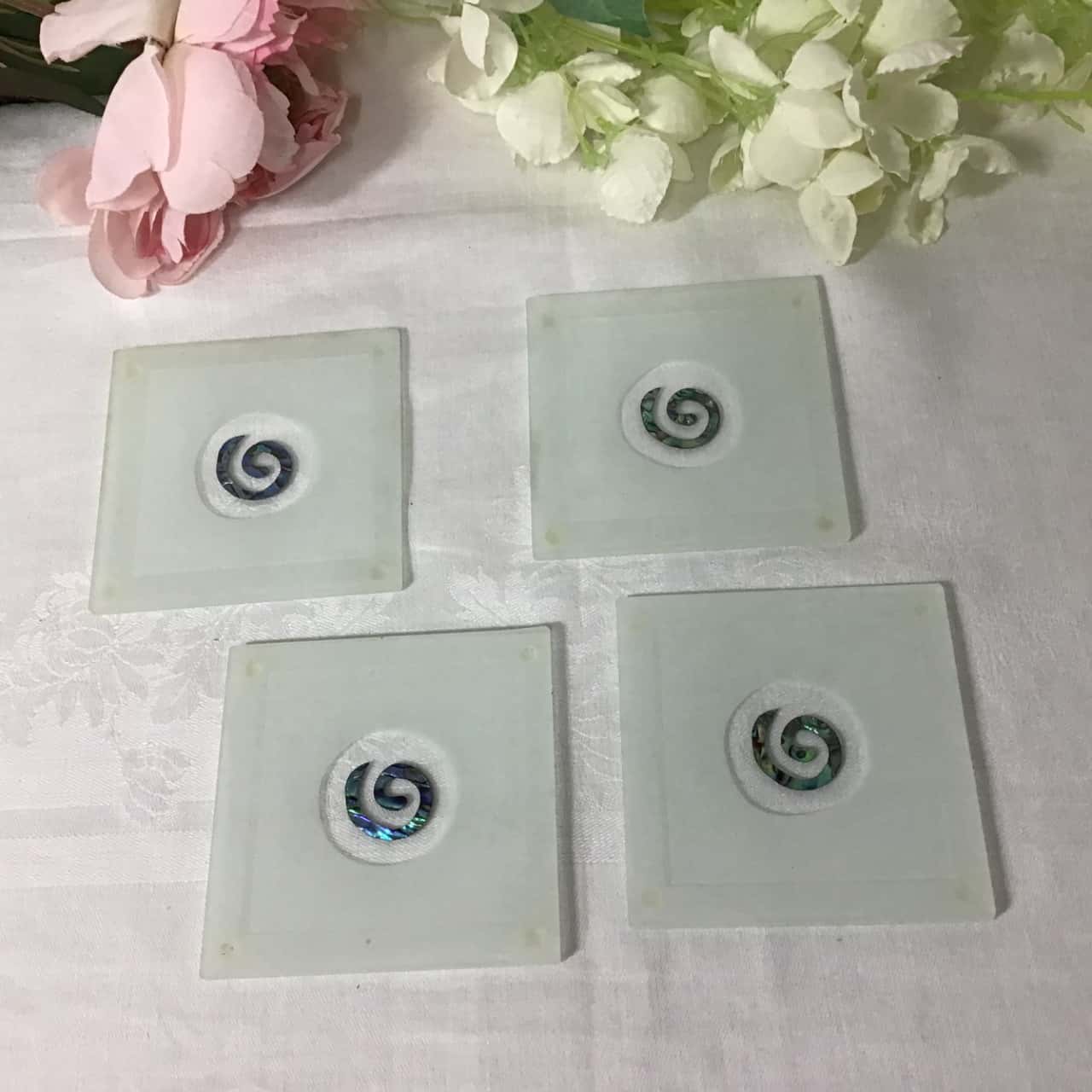Smashing Glass Set of 4 Paua Shell Design / Frosted Glass Coasters in