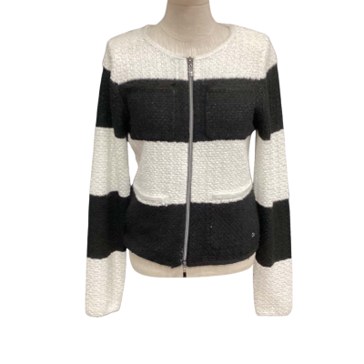  Monari Front Zipper Size 36 Cardigan Black  / White with Silver Thread 