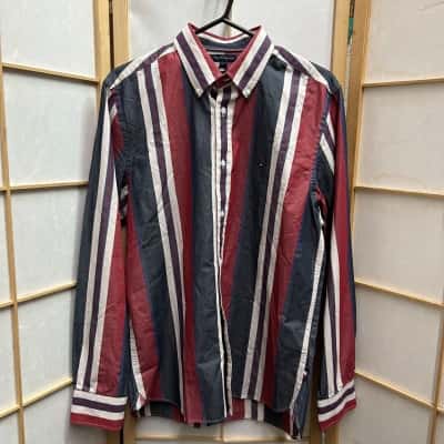Tommy Hilfiger Mens Long Sleeve Shirt Navy Blue / Red / Striped / White 