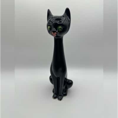 Hand Painted Long Neck Black Cat Sculpture 