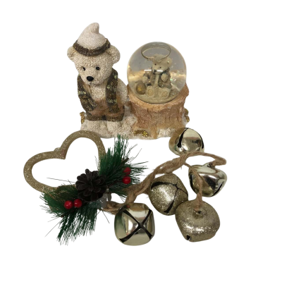 Christmas Teddy Snow Globe & Golden Christmas Bells Decoration