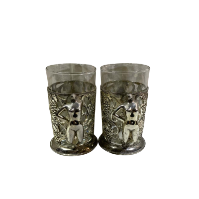 Vintage Soviet- Era Metal Tea Glass + Holder Set Of 2