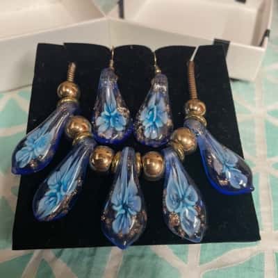 Elegant Blue Glass Necklace & Earring Set Womens 