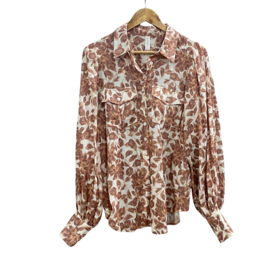 Kivari Womens  Size 10 Button Up Shirt Brown / Cream RRP $249