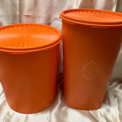 2 Tupperware vintage canisters food storage. Orange. Retro. 