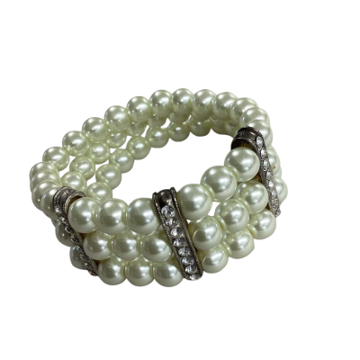 Vintage faux pearl stretch bangle with rhinestone spacers