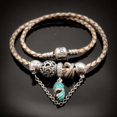 Pandora 34cm Leather Woven Necklace With 4 925 Silver Charms - One Double
