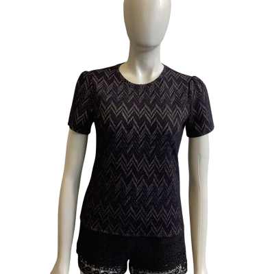 Marcs Women's Size S  Short Sleeve Top Navy Blue & Metallic Bronze Pattern 