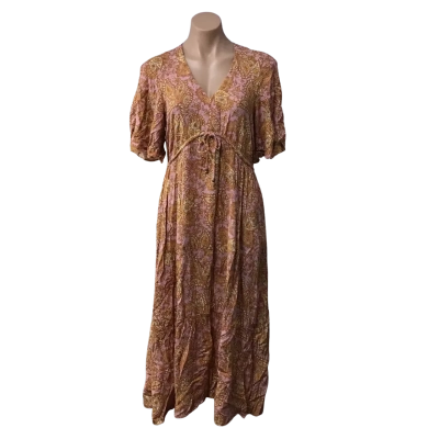 Sussan Womens Size 8 Pink / Orange / Yellow Patterned Short Sleeve V-Neck Midi Dress 