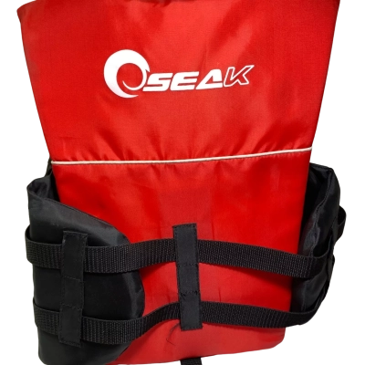 A Seak personal flotation device (PFD) or life jacket in red with black straps