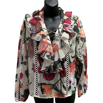 SHEIKE Size 6 Floral Ruffle Sheer Top with Lace Up V Neck
