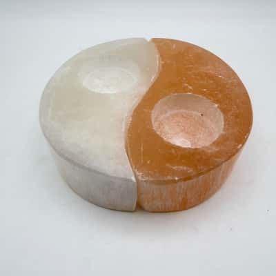 Gorgeous White & Peach Selenite Yin-Yang Tea Light Candle Holder