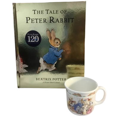 The Tale of Peter Rabbit Hard Cover Book and Christening Mug