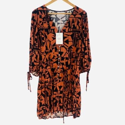HeyChic - Black Brown Button Up Puffy Sleeve Dress (Size 14)