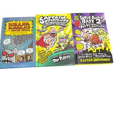 Assorted books: Captain Underpants, Super Diaper Baby 2, Killer Koalas