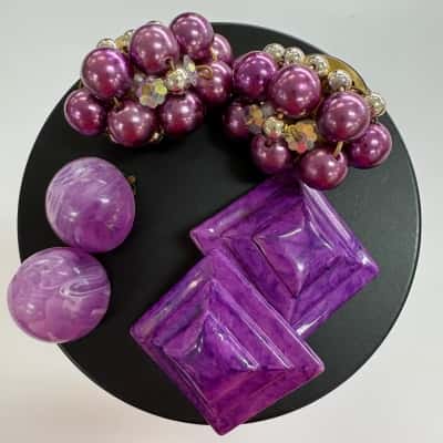Vtg. Set of 3 Clip on Earrings Purple Tones