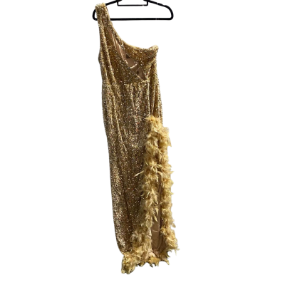 Stunning .FashionNova Womens  Size L Formal Dress Gold Sequin Feather Hemmed (Read Description for Size) 