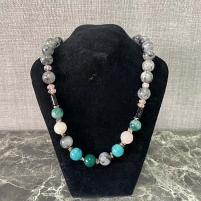  Multi Gemstone Beaded Necklace Grey / Pink  