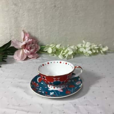 T2 Teal / Red / Pink / White Pattern Cup & Saucer
