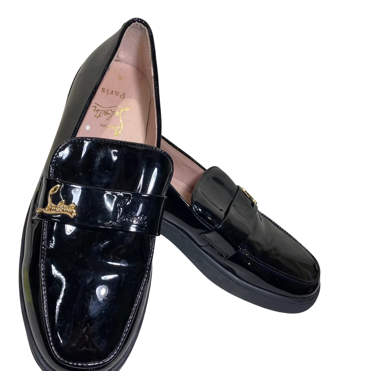 black patent leather loafers are brand shoes featuring a distinctive a ...