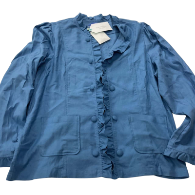 Blue Illusion Ruffle Trim Linen Jacket Parisian Blue 2XL