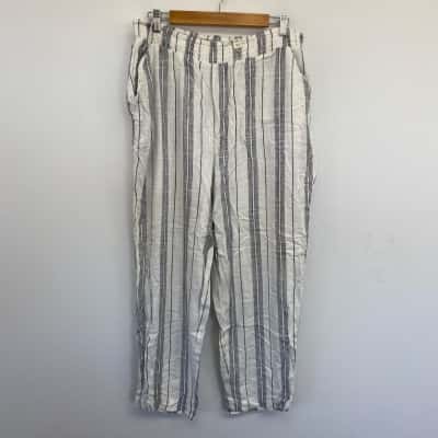 Millers White Navy Blue Striped Linen Shirred Waist Pants  Size 16 