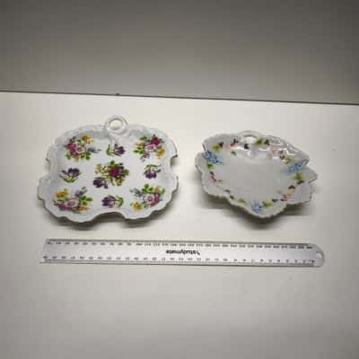 Vintage Japanese Fine China Handled Leaf Dishes Pair Floral Porcelain Small Nut Trays