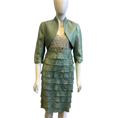 Montique Women's Size 10 Jacket & Midi Dress Set Green & Silver 