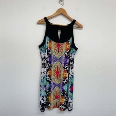 Rockmans Colourful Pattern Sheer Detail Dress  Size L 