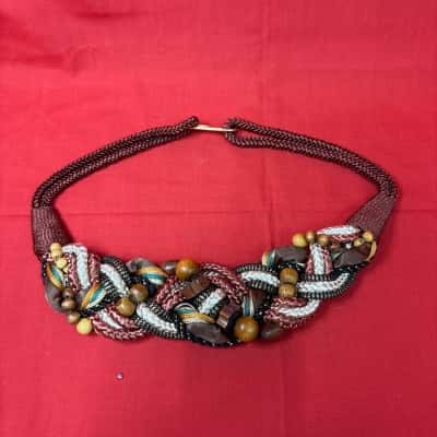  Women's  Size S Bohemian-Style Braided Rope Belt Adorned with Chunky Wooden Beads and Earthy Toned Accents