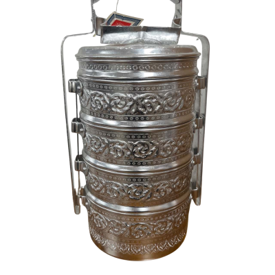 XL Vintage Aluminum Tiffin Food Carrier Lunch Compartment Box 4.5 Tier and cups