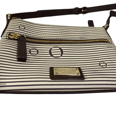 brown and cream striped Oroton crossbody bag featuring a front zip pocket and gold-tone hardware branding plate. 20x15 cm