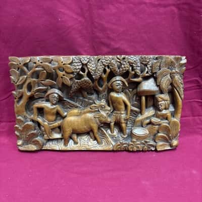 `Deeply Carved Balinese Wood Panel Depicting a Scene from Hindu Mythology